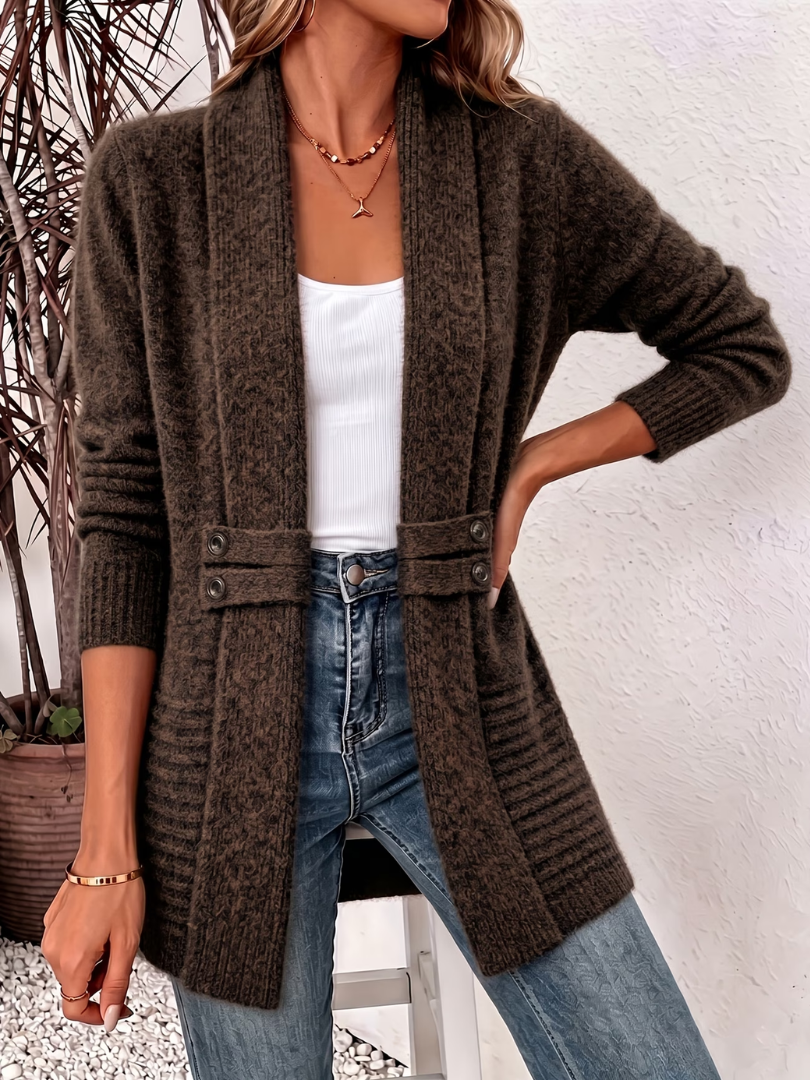 Shawl Collar Open Front Button Tab Knit Cardigan 4
