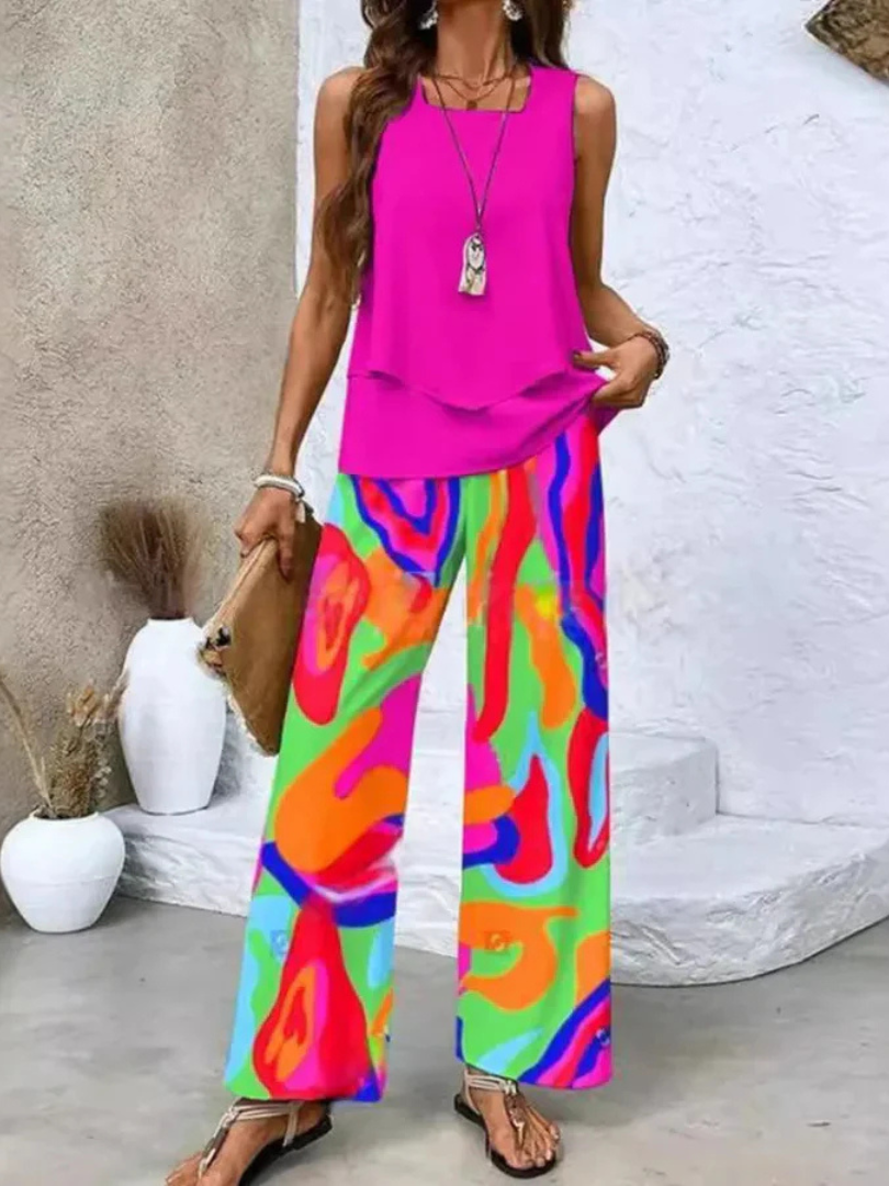 Sleeveless Layered Top and Floral Wide Leg Pants Two Piece Set 4