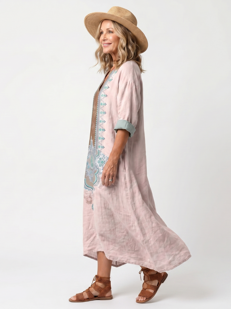 Medallion Print V-Neck Pocket Maxi Kaftan Dress 3