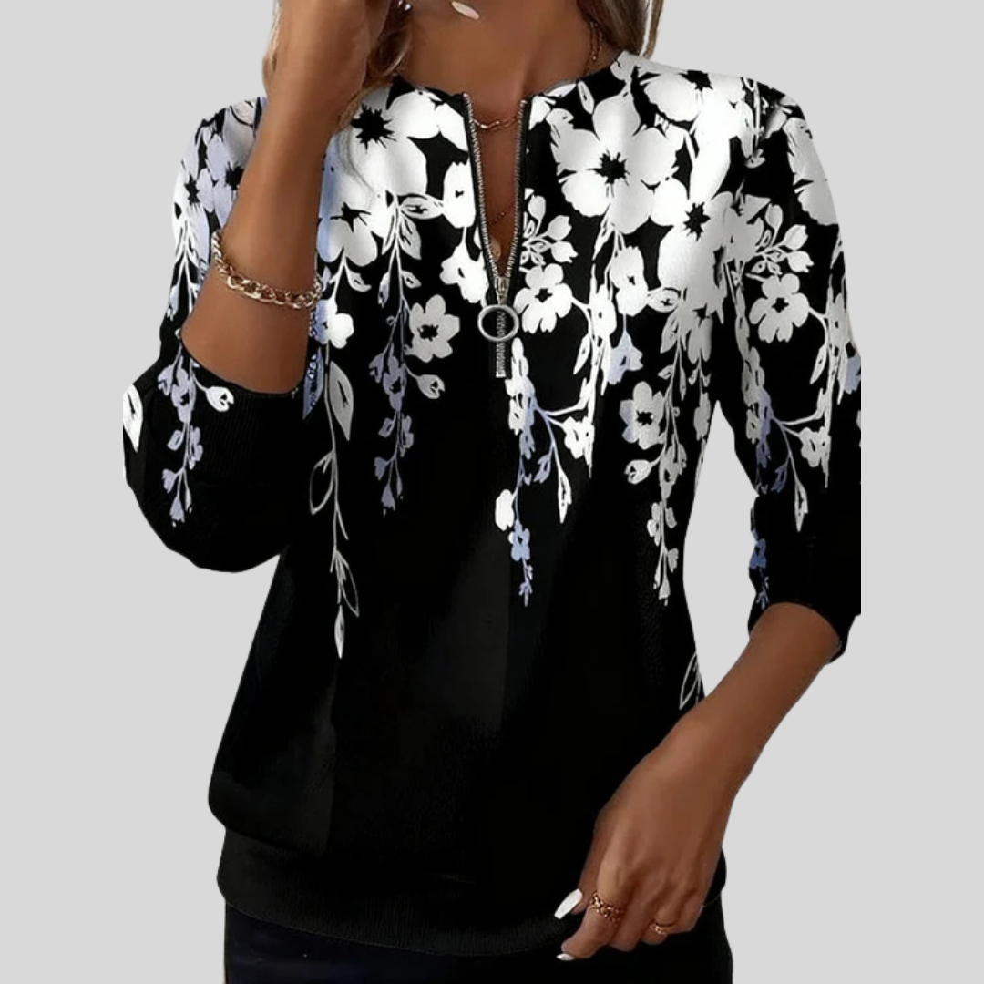 Quarter Zip Stand Neck Long Sleeve Floral Print Top