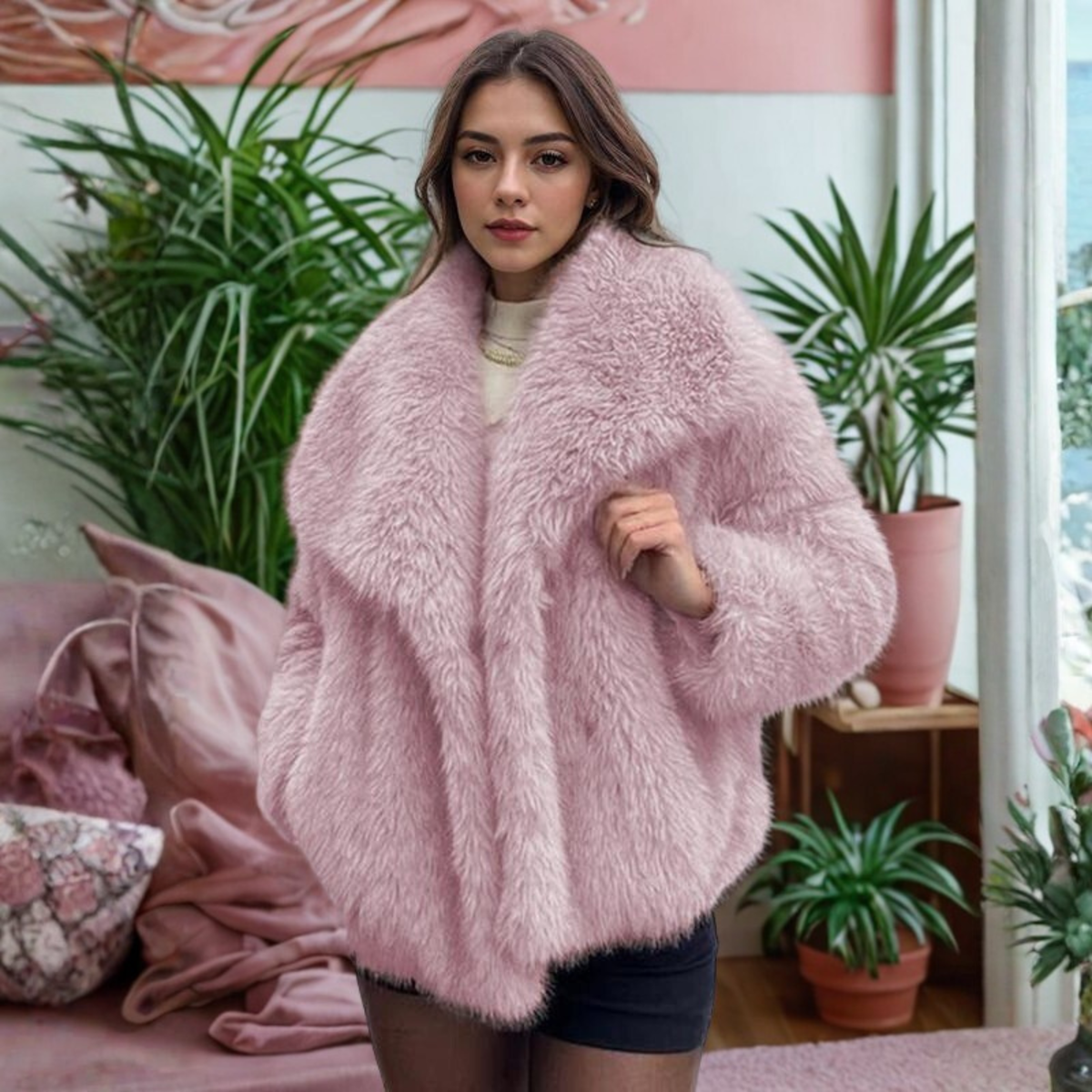 Shawl Collar Faux Fur Cropped Jacket 2