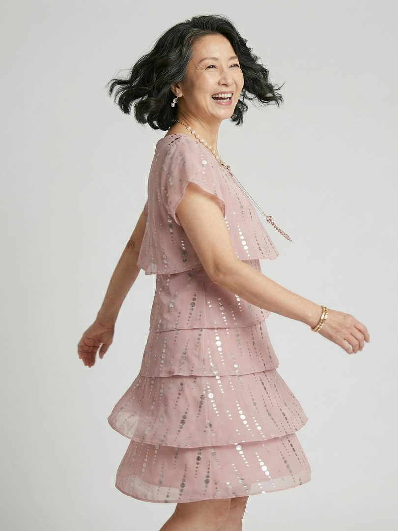Sequin Embellished Flutter Sleeve Tiered Knee Length Dress 2