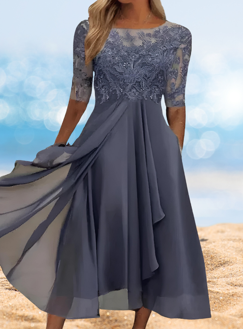 Floral Lace Illusion Scoop Neck Mesh Sleeve A-Line Midi Dress - View 3