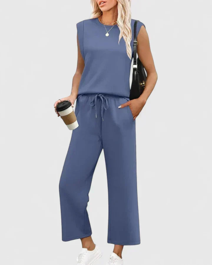 Sleeveless Round Neck Top and Drawstring Wide Leg Pants Two Piece Set