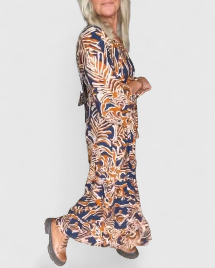 Abstract Floral Print Round Neck Three Quarter Sleeve Maxi Dress 4
