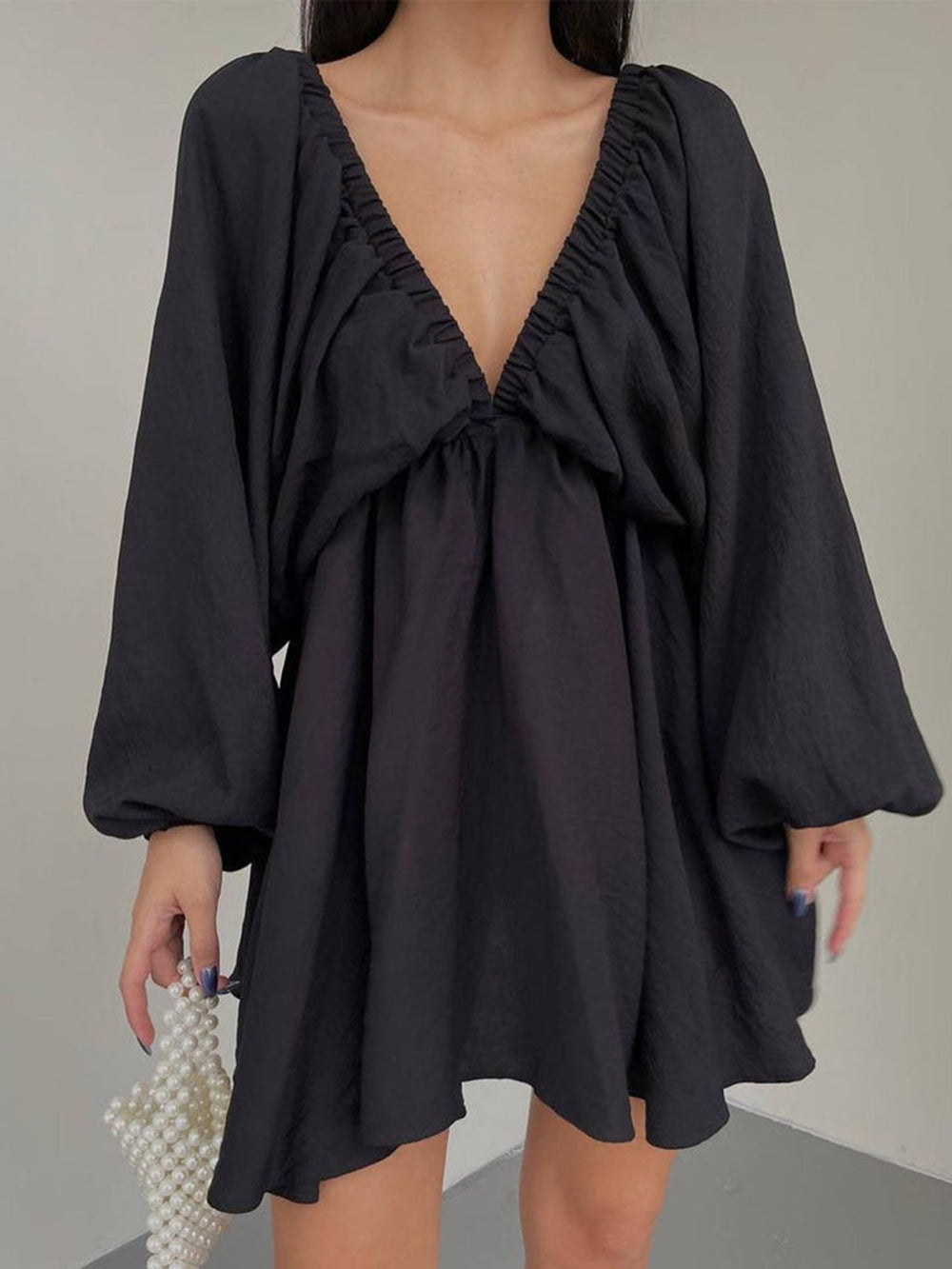 Deep V-Neck Balloon Sleeve Ruched Babydoll Mini Dress 3