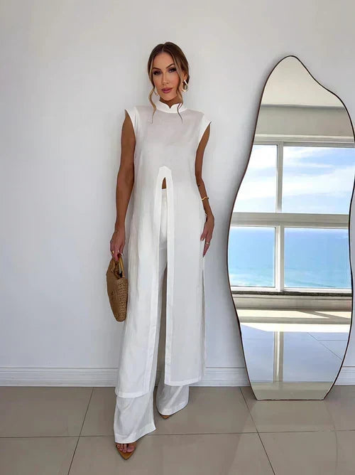 Sleeveless High Slit Longline Top and Wide Leg Pants Two Piece Set 3