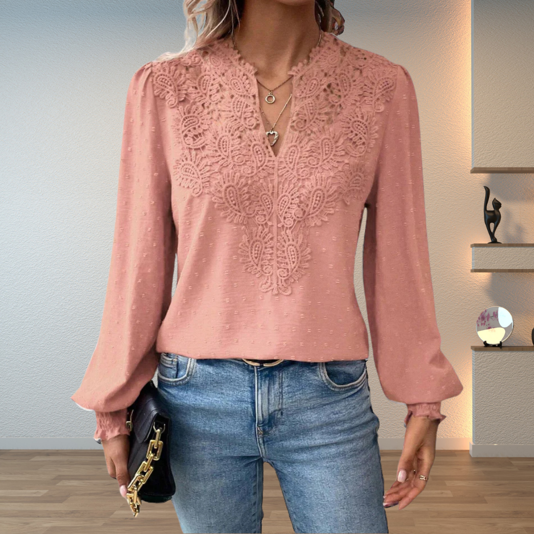 Lace Applique V-Neck Long Sleeve Swiss Dot Blouse 8