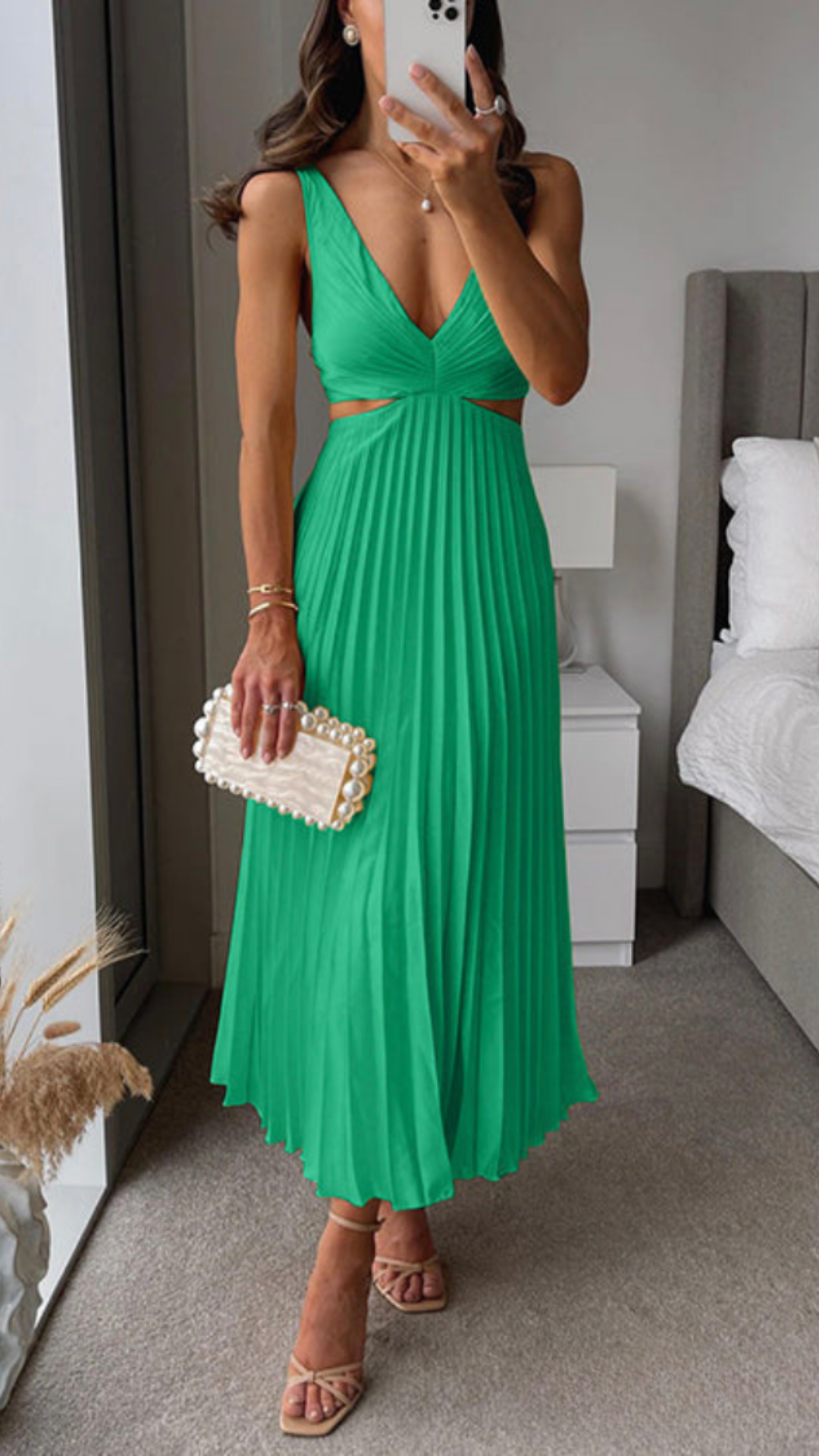 Deep V-Neck Cut Out Waist Ruched Pleated Satin Maxi Dress - View 3