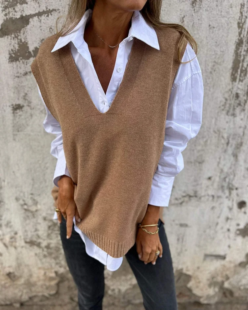 Deep V-Neck Sleeveless Knit Sweater Vest