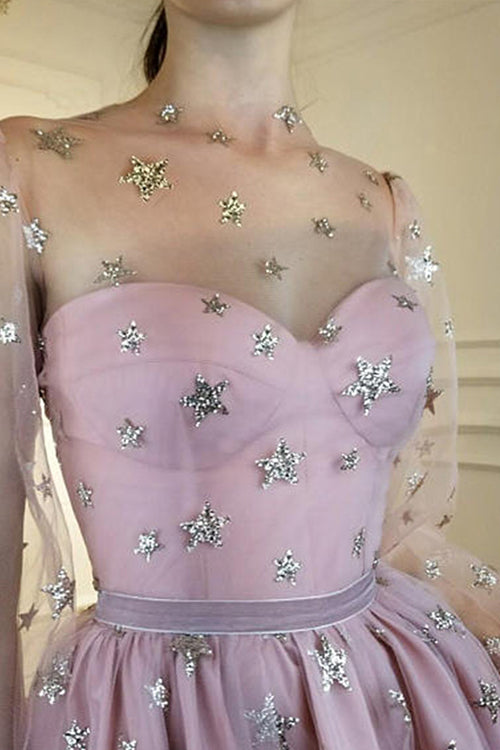 Tulle Star Print Puff Sleeve Mesh Overlay Sweetheart Mini Dress - View 5