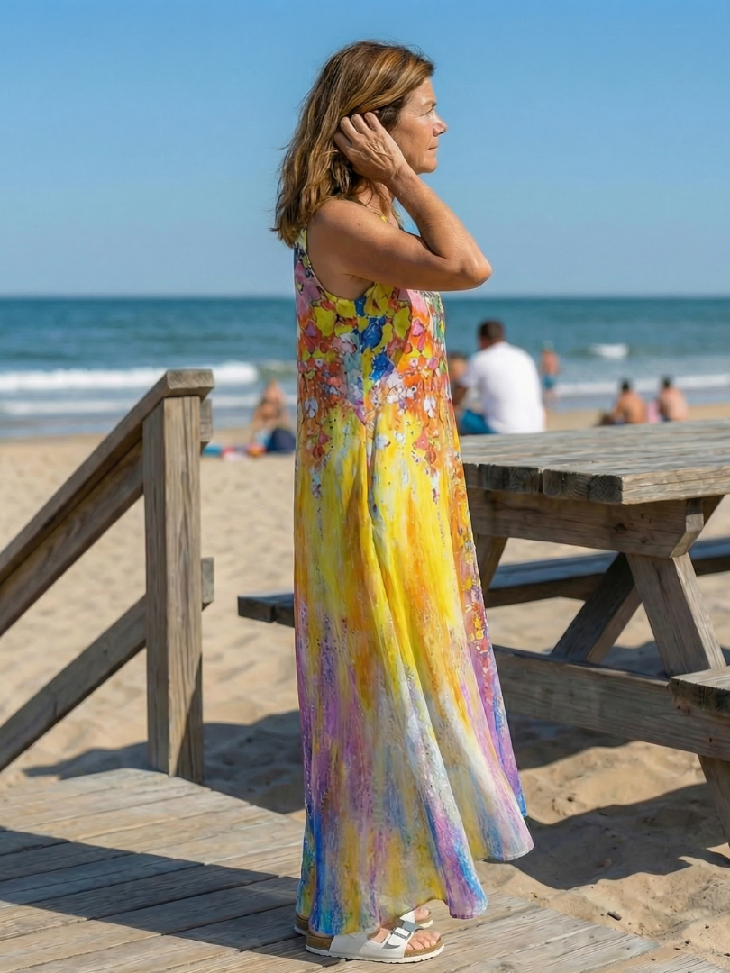 V-Neck Sleeveless Watercolor Floral Maxi Dress 2