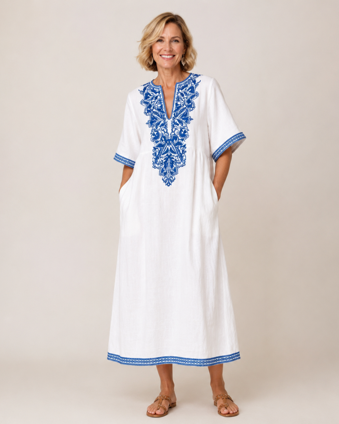 Floral Embroidery Notch Neck Short Sleeve Linen Look Kaftan Maxi Dress 2