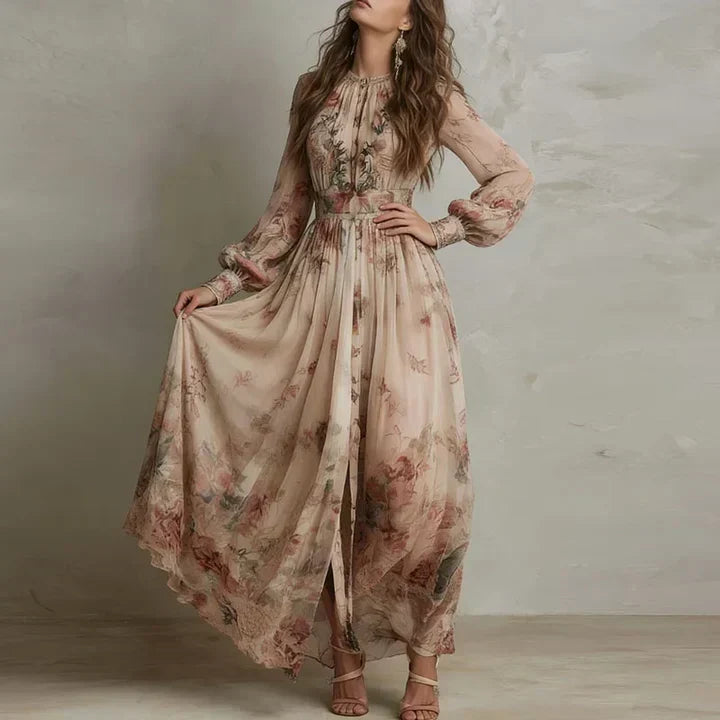 Floral Long Sleeve Front Slit Chiffon Maxi Dress 3