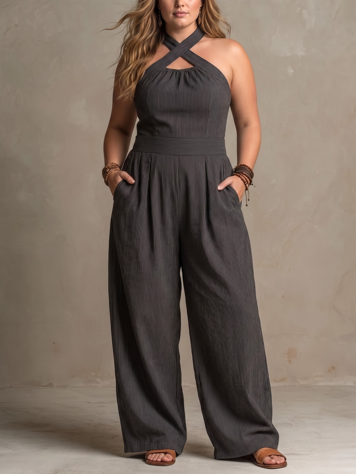 Pinstripe Cross Halter Neck Cut Out Wide Leg Jumpsuit 2
