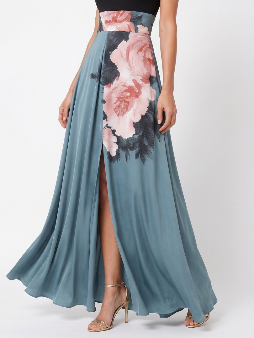 Halter Neck Floral Bodice High Split Maxi Dress 3