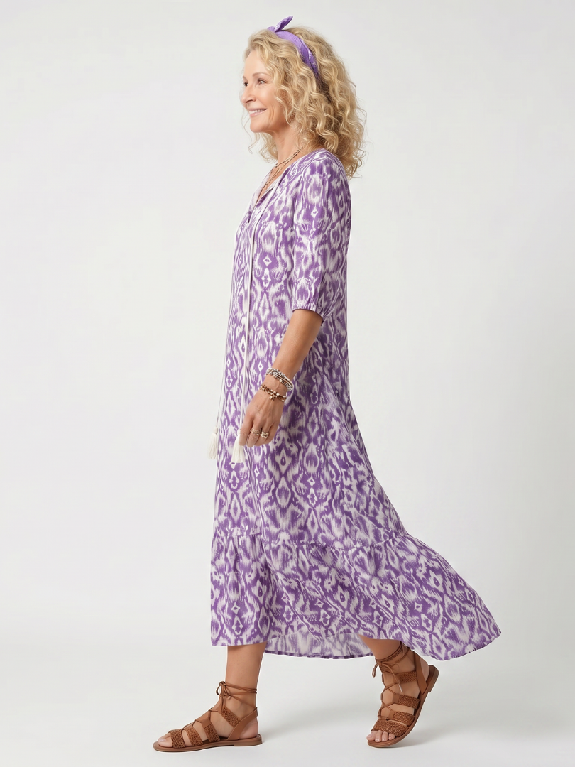 Tassel Tie V-Neck Puff Sleeve Tiered Print Maxi Dress 2