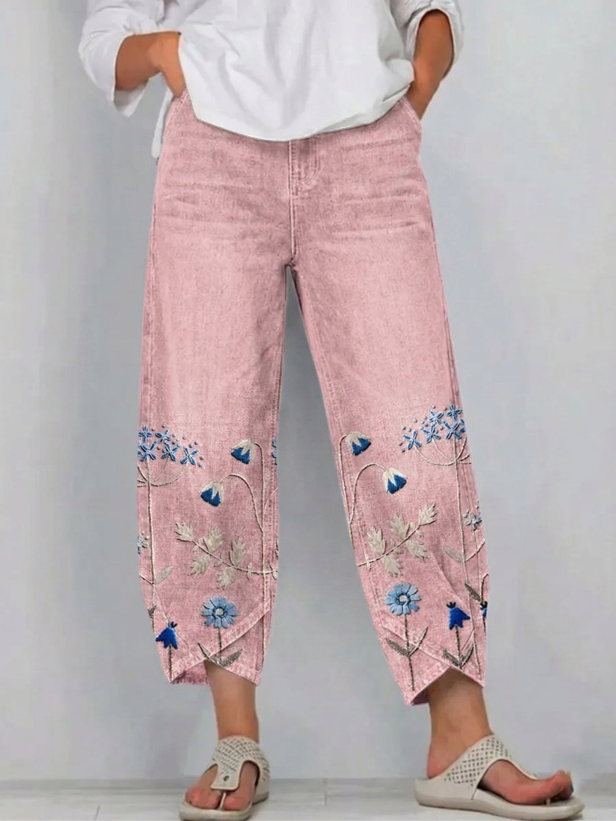 Floral Embroidered Wide Leg Cropped Denim Trousers 2