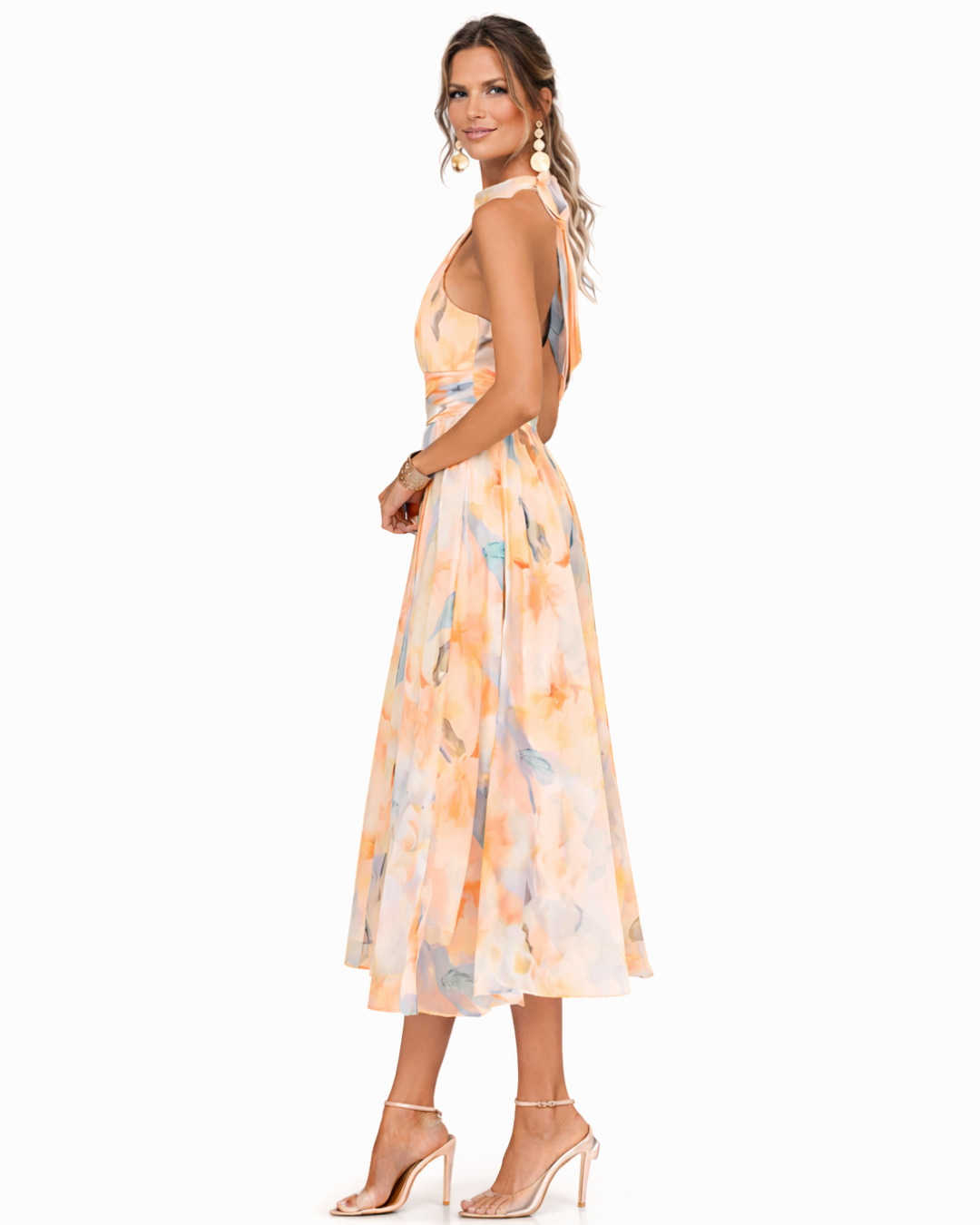 Watercolor Floral Halter Neck A-Line Midi Dress 4