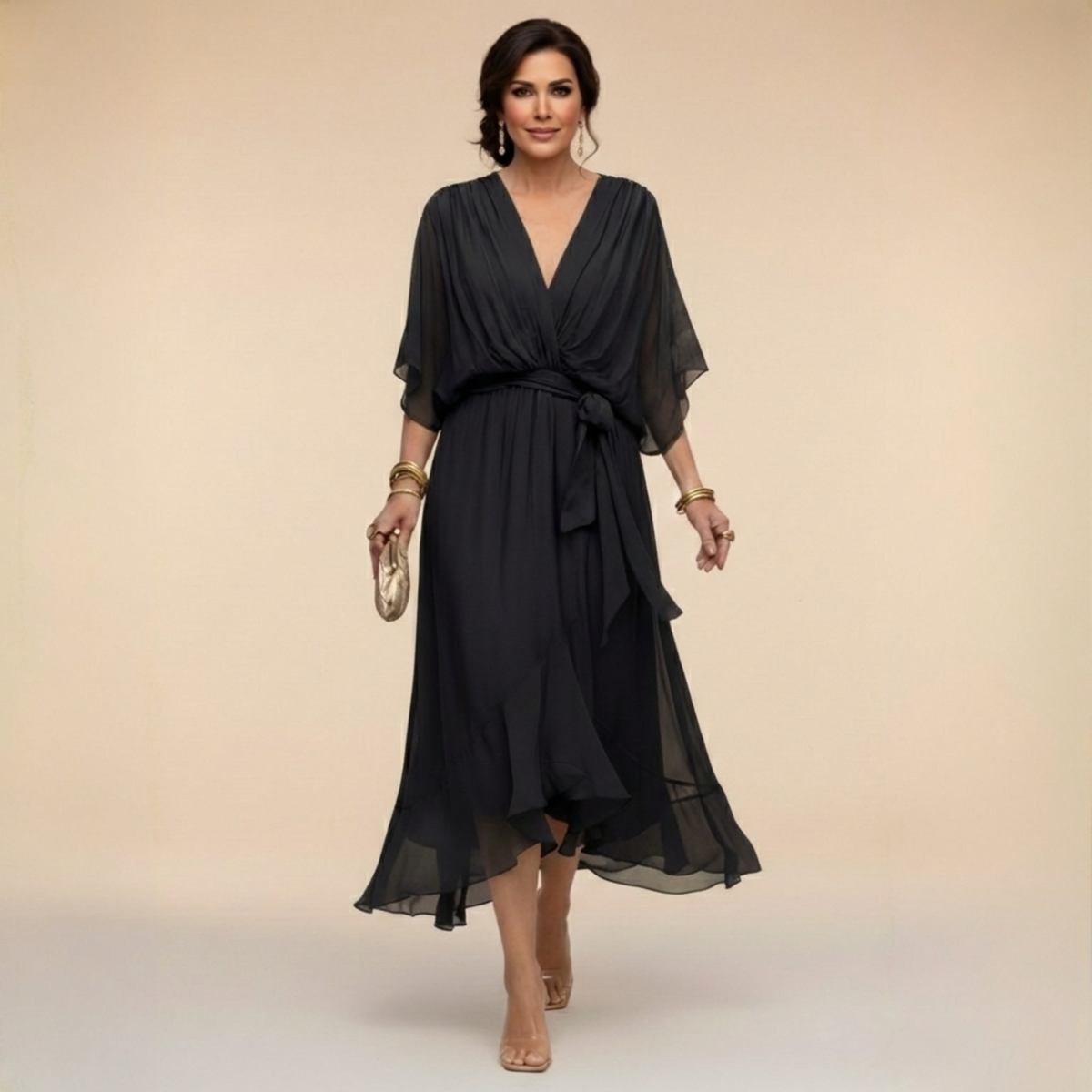 Chiffon Deep V-Neck Flutter Sleeve Tie Waist Ruffle Midi Dress 4