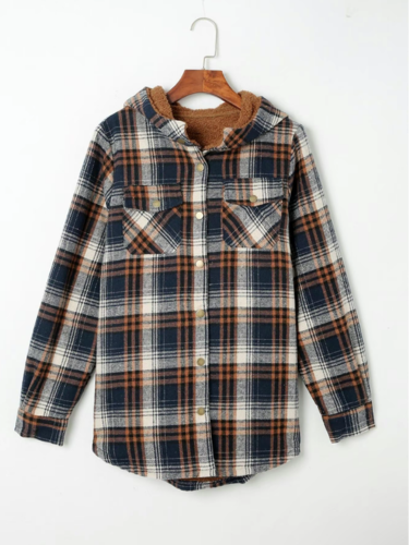 Plaid Sherpa Lined Button Front Hooded Shacket 10