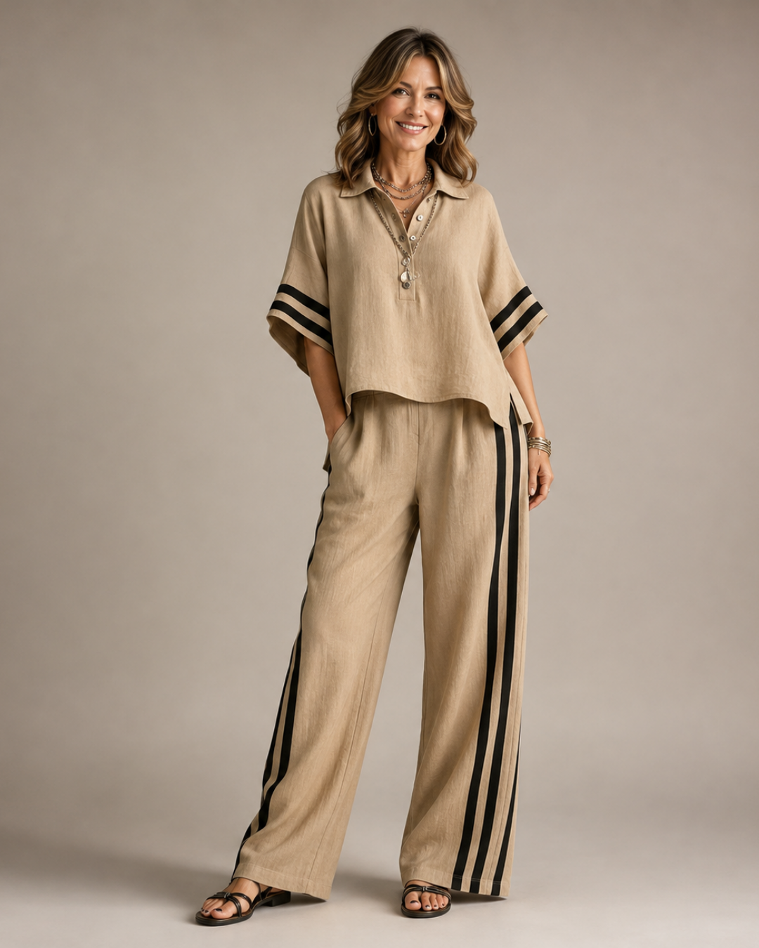 Collared Short Sleeve Top and Side Stripe Wide Leg Pants Two Piece Set 2