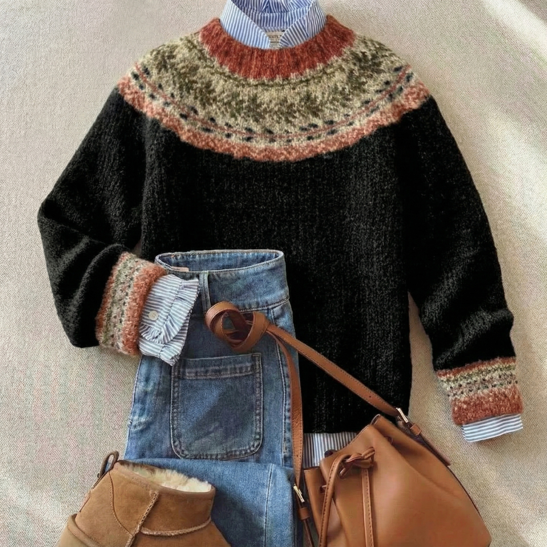 Fair Isle Yoke Crew Neck Long Sleeve Knit Sweater 2