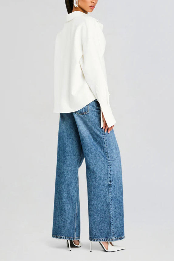 Collared Long Sleeve Corset Waist Cropped Shirt 3