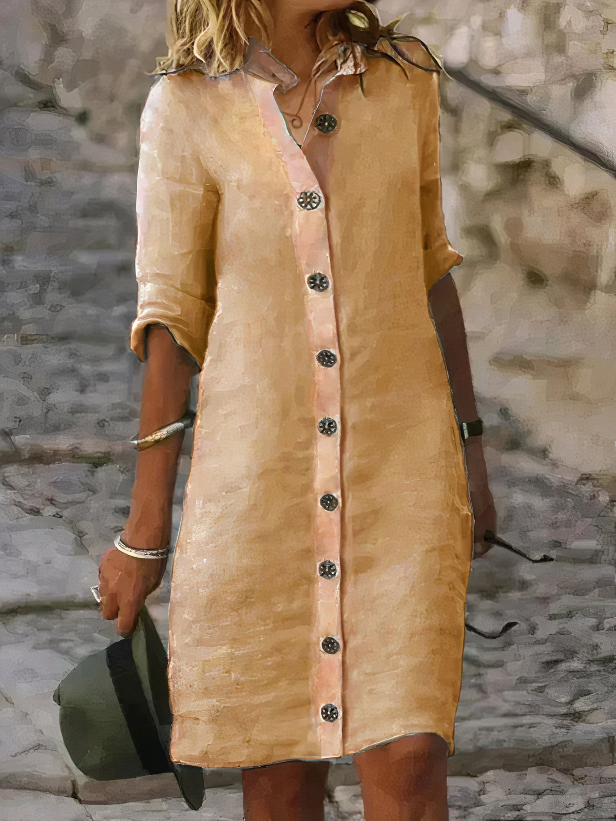 Crinkled Weave Shirt Collar Button Front 3/4 Sleeve Midi Shirt Dress - View 2