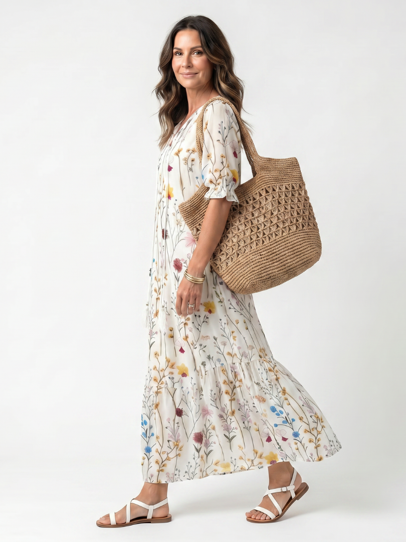 Floral Print V-Neck Puff Sleeve Tiered Maxi Dress 2