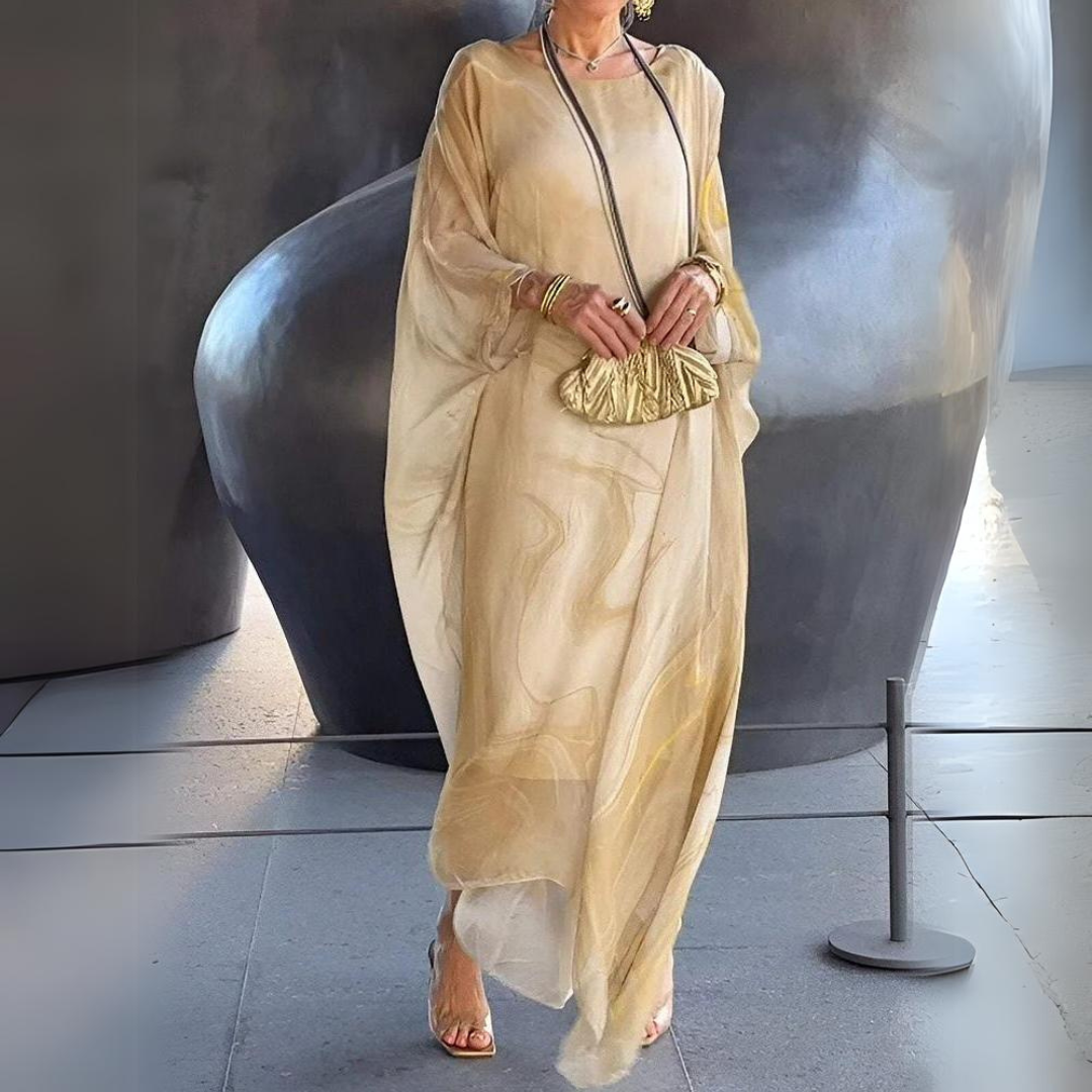 Marble Print Batwing Sleeve Kaftan Maxi Dress