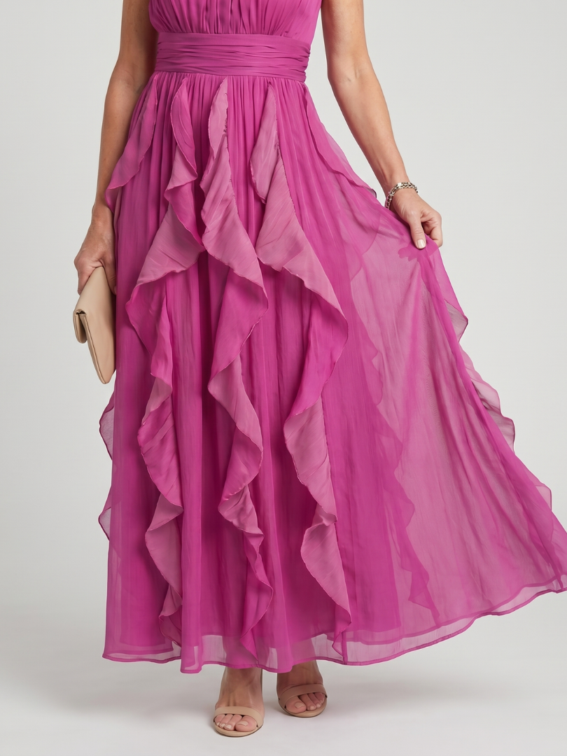 Halter Neck Ruched Cascade Ruffle Chiffon Maxi Dress 3