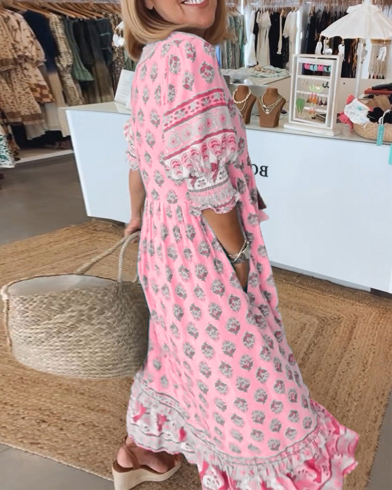 Printed V-Neck Ruffle Short Sleeve Tiered Maxi Dress 12