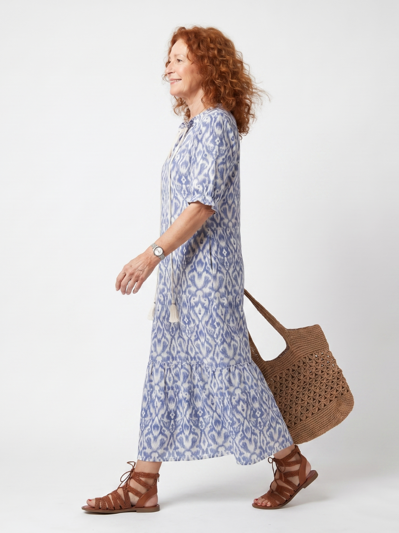 Ikat Print Tassel Tie Neck Tiered Maxi Dress 2