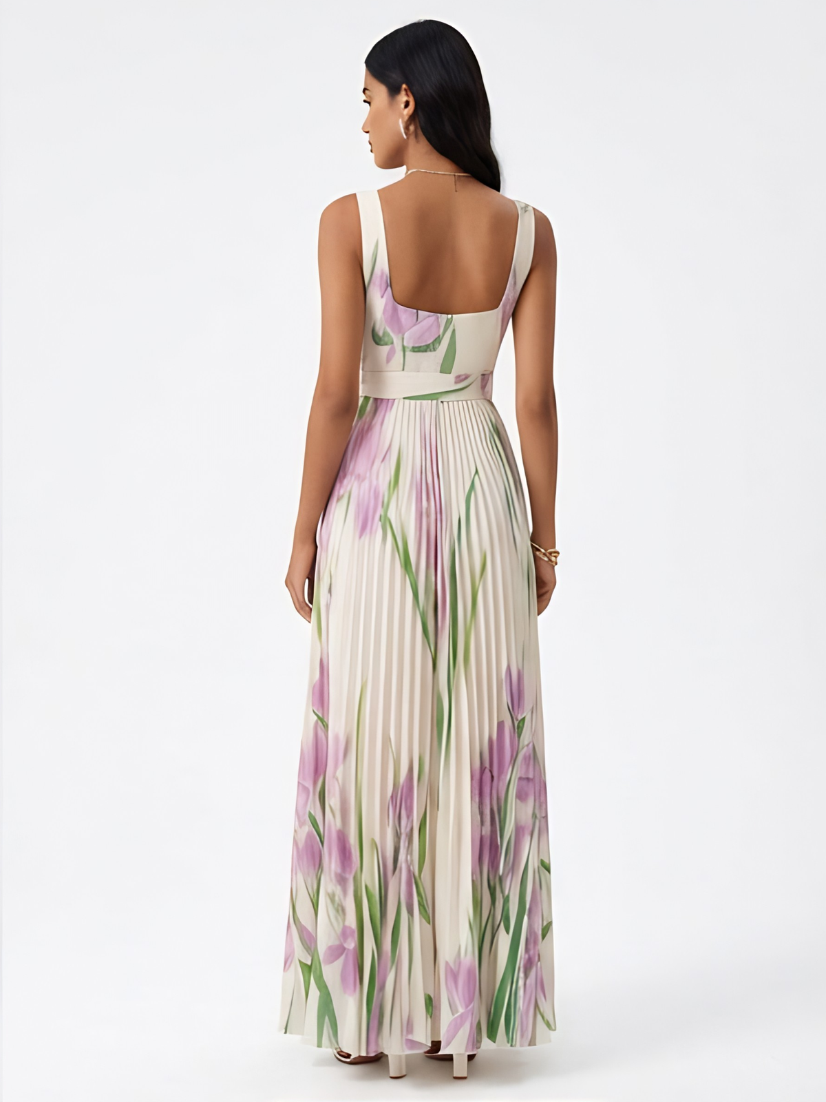Floral Print Square Neck Belted Pleated Maxi Dress 3