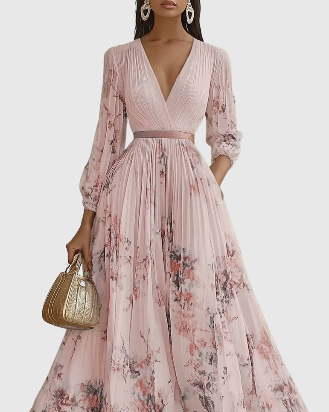 V-Neck Sleeveless Belted Floral Pleated Maxi Dress 14