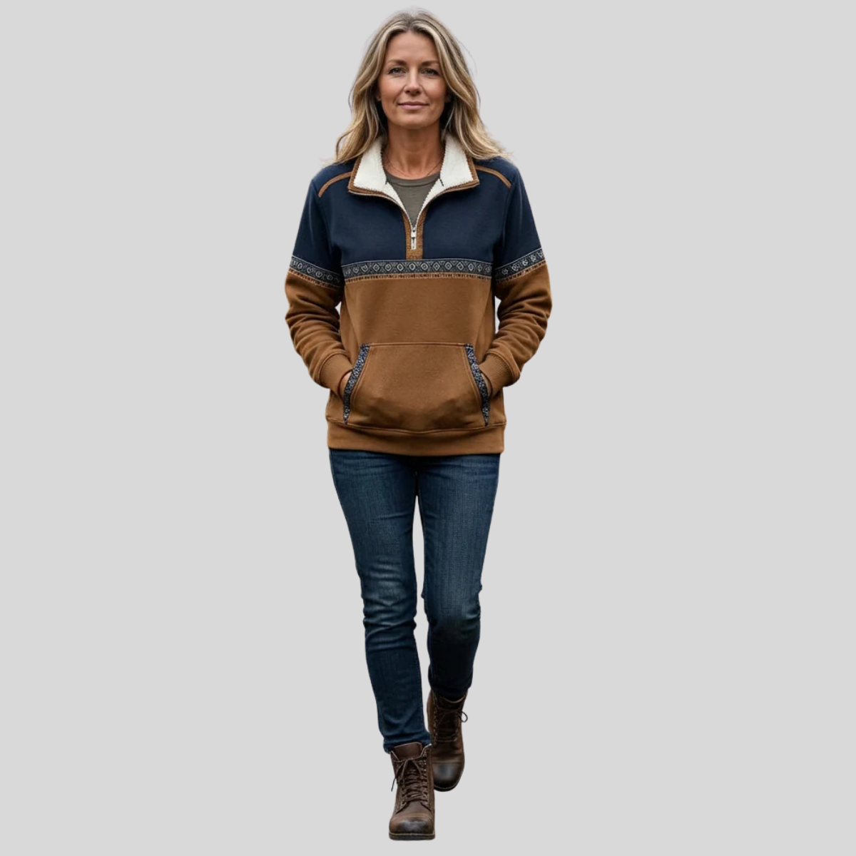 Sherpa Collar Quarter Zip Aztec Trim Sweatshirt 3