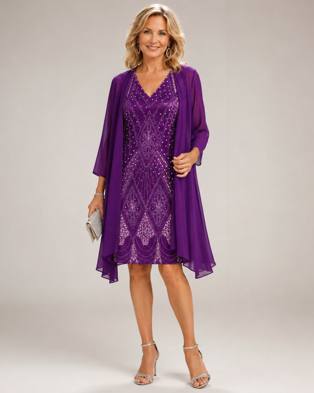 Sequin V-Neck Sheath Dress and Chiffon Duster Two Piece Set 6