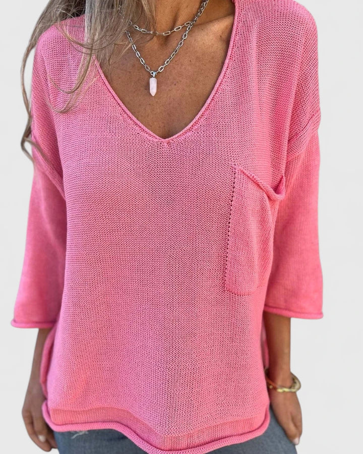 V-Neck Long Sleeve Pocket Loose Knit Sweater 6