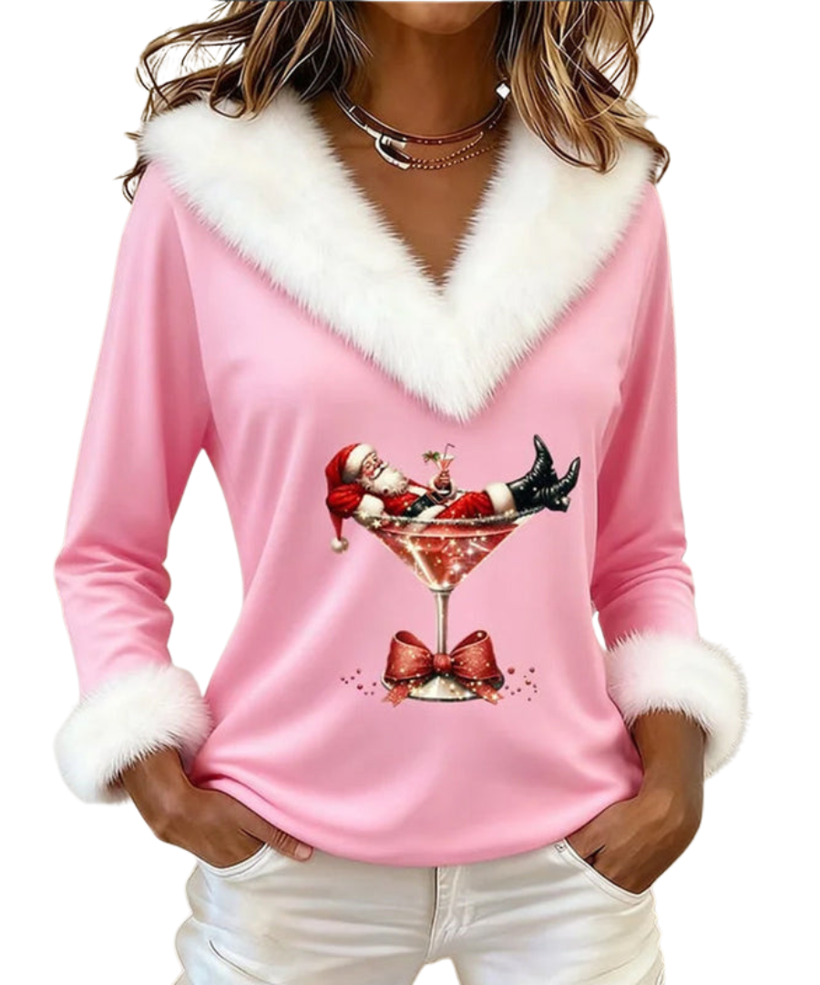 Faux Fur Trim V-Neck Santa Print Long Sleeve Holiday Top 3
