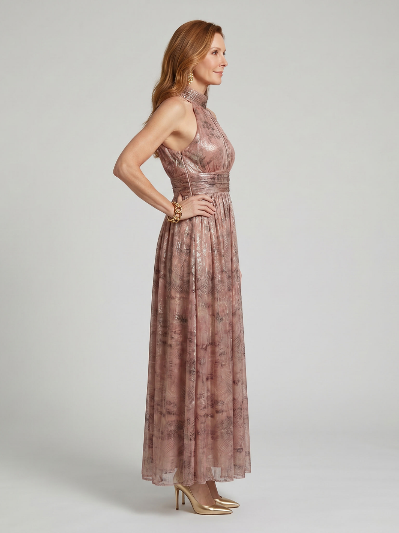 Metallic Shimmer Halter Neck Gathered Waist Maxi Dress 2