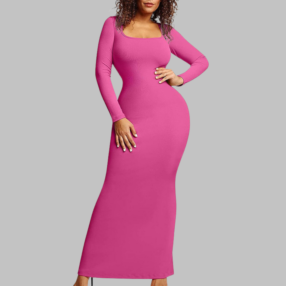 Ribbed Knit Square Neck Long Sleeve Bodycon Maxi Dress 8