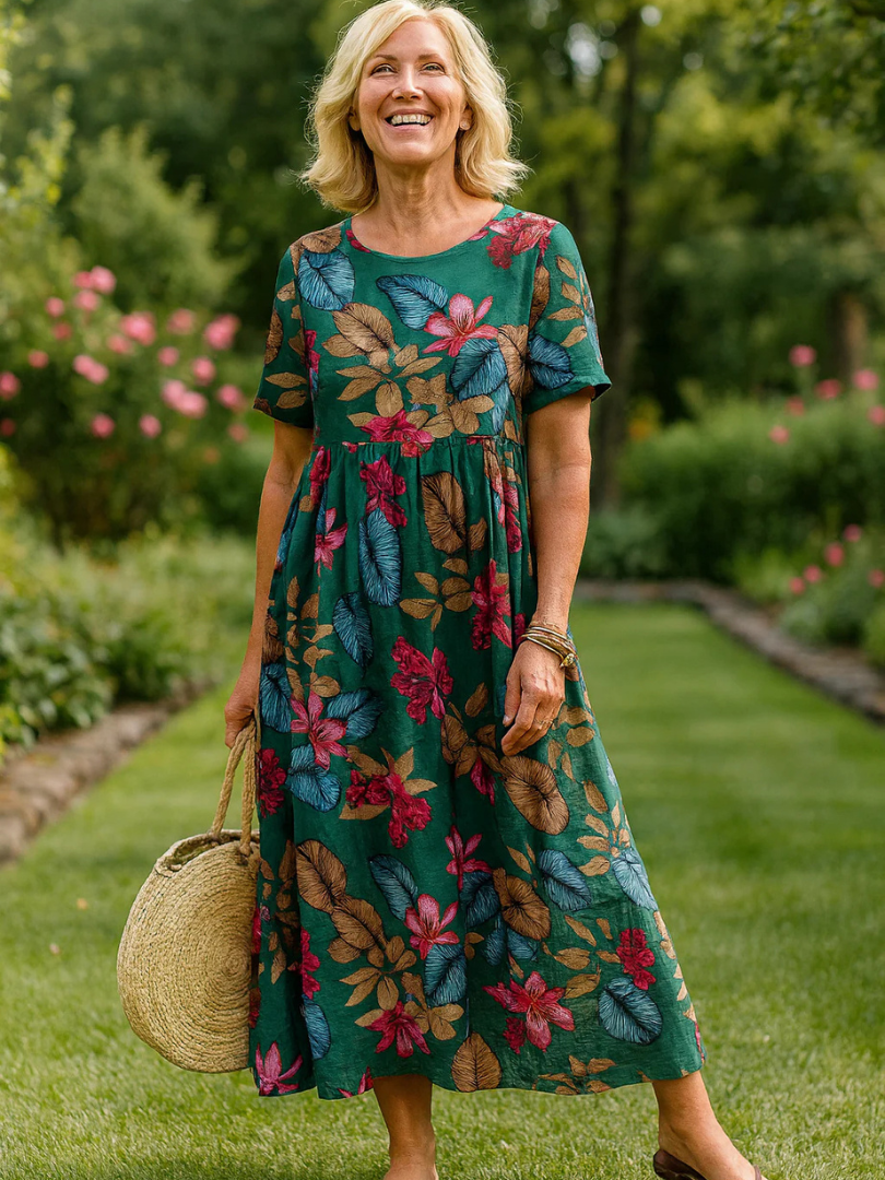 Tropical Floral Round Neck Short Sleeve Maxi Dress 3