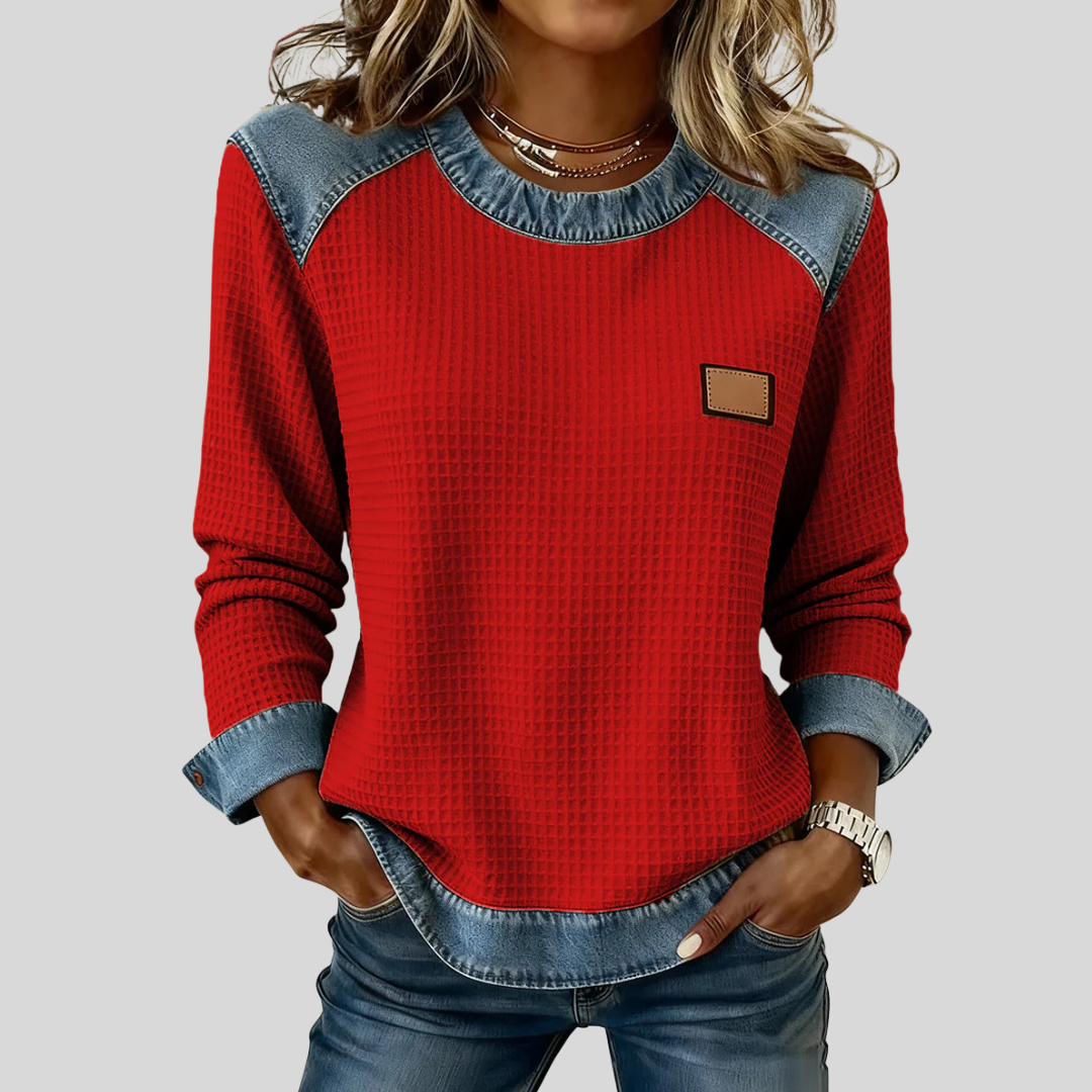 Denim Contrast Patchwork Crew Neck Waffle Knit Sweatshirt 2