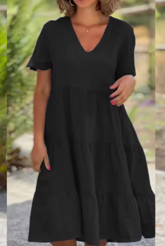 V-Neck Short Sleeve Tiered Midi Dress 3