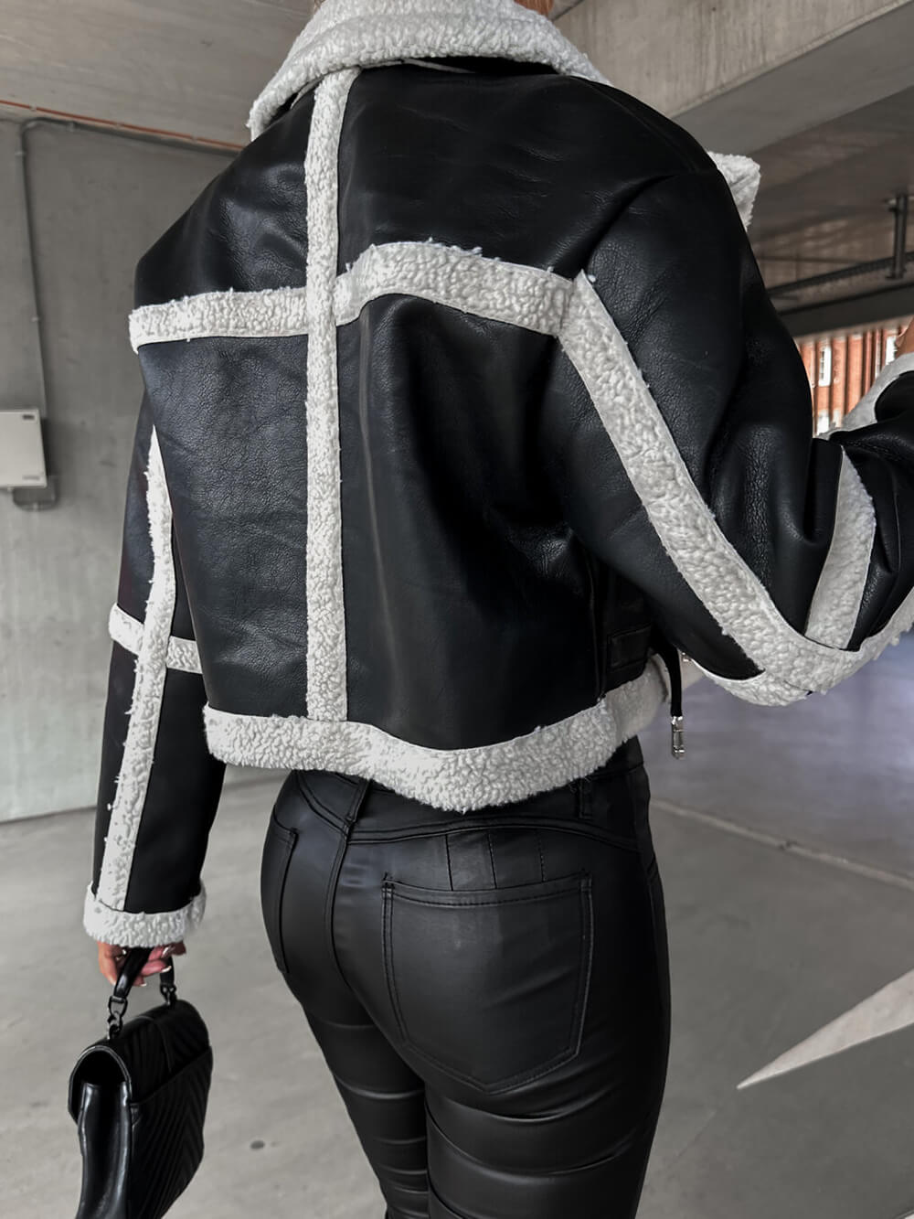 Faux Leather Fleece Trim Belted Cropped Aviator Jacket 3
