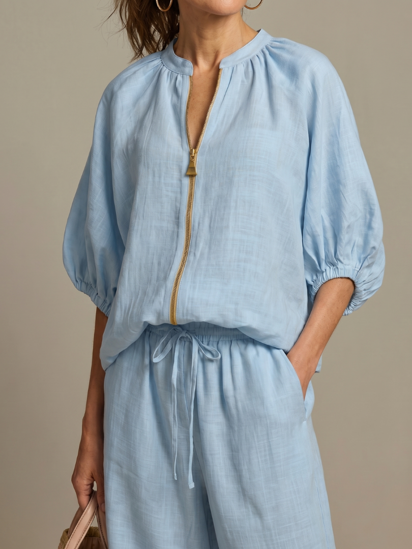 Puff Sleeve Zip Front Top and Wide Leg Pants Two Piece Set 3