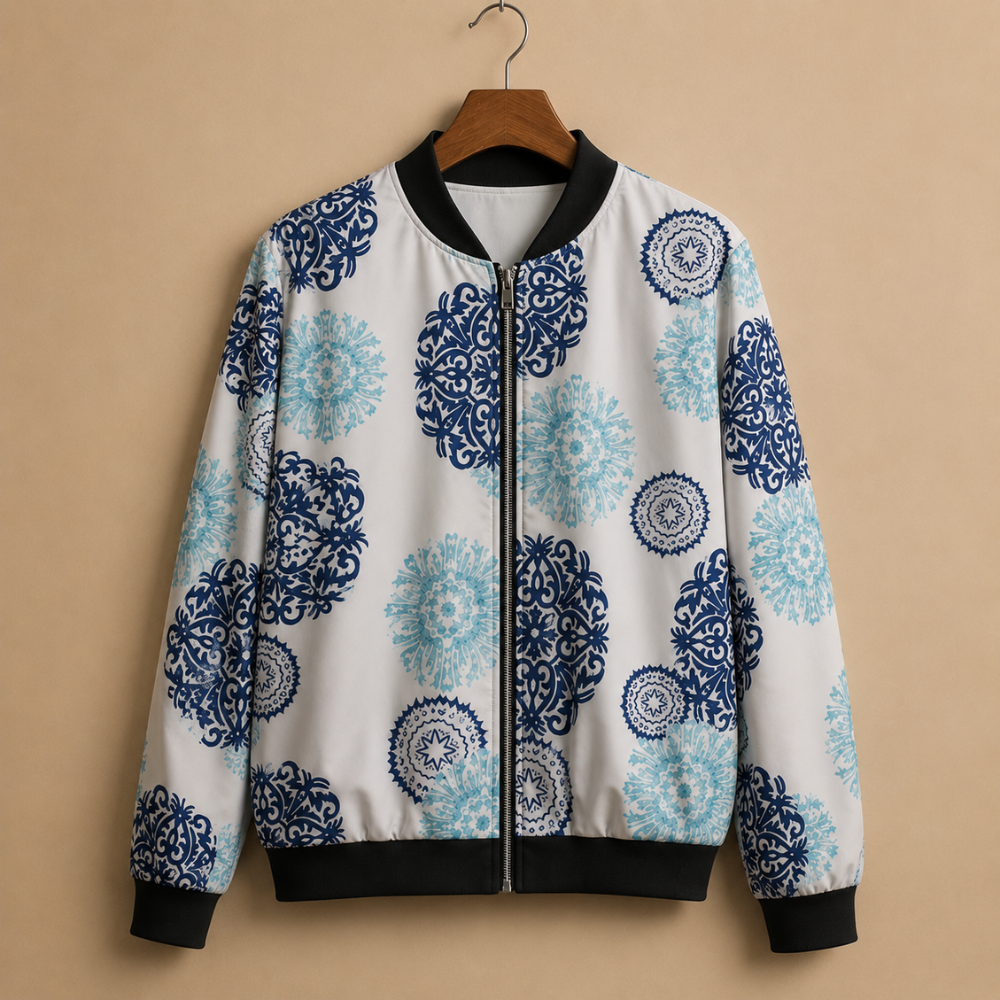 Cat and Music Print Zip Front Bomber Jacket 8