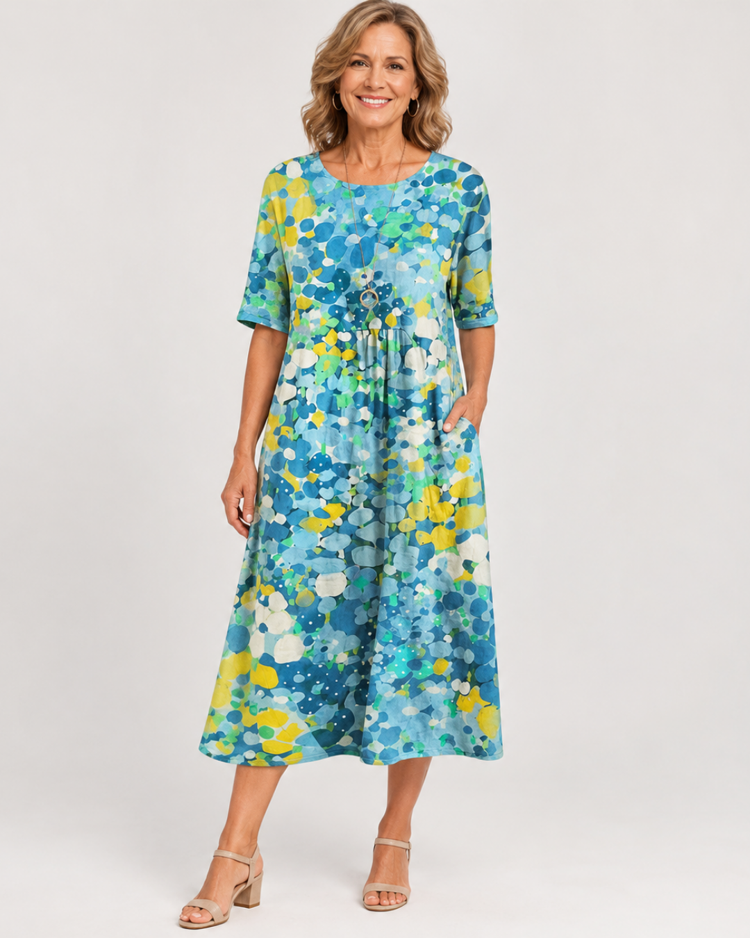 Floral Dot Print Round Neck Short Sleeve Midi Dress 6