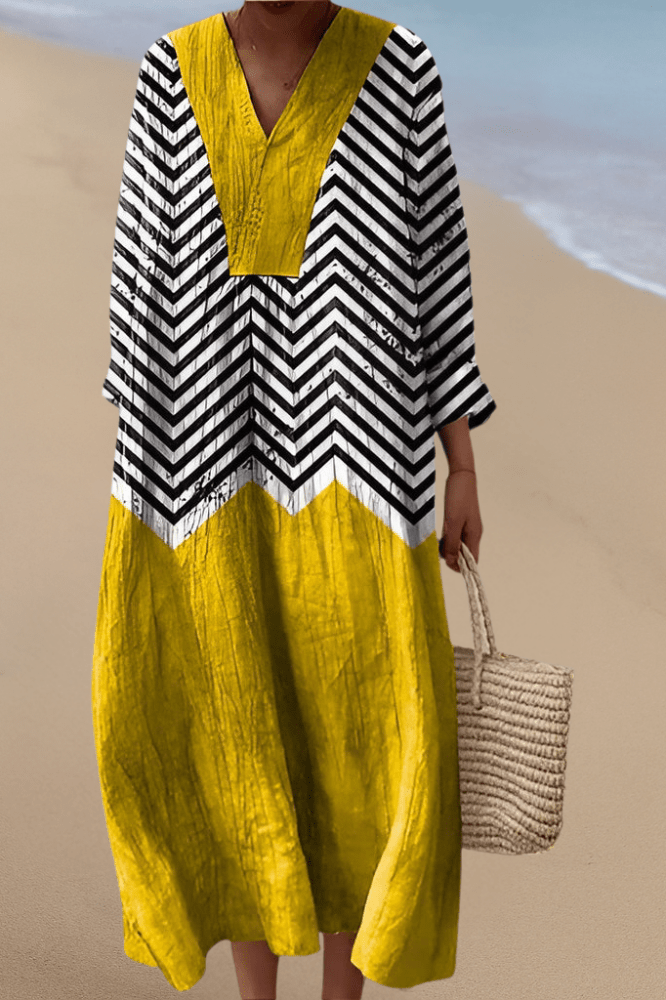 Chevron Stripe Colorblock V-Neck Long Sleeve Maxi Dress